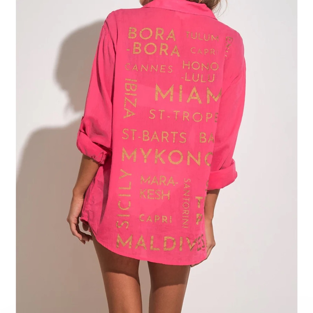 Elan Pink Button Down Shirt with Gold Lettering Vista Button Down